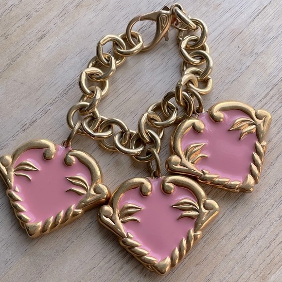 Vintage ESCADA 80s Couture Pink Enamel Hearts Bracelet - Picture 1 of 6